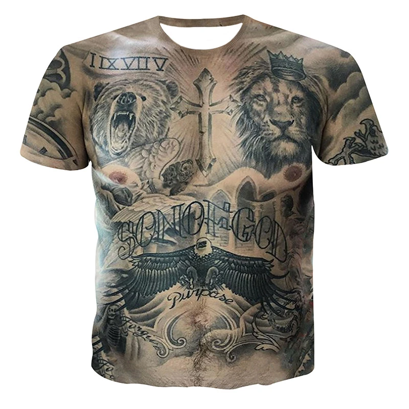 

Sexy Tattoo Muscle T-shirt 3D Animal Printed Top Tees Male Summer Tshirt Hip Hop Camisetas Homme Streetwear Funny T Shirt