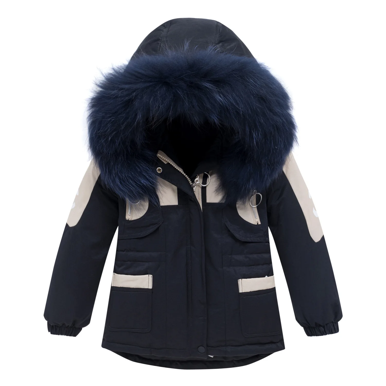 Детская зимняя верхняя одежда для мальчиков, теплое пальто, детская одежда, ветронепроницаемые утепленные куртки на утином пуху для мальчиков, русская зимняя детская куртка - Цвет: Черный