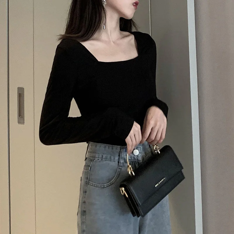 

Square Neck Long Sleeve T-shirt One Shoulder Bottomed Shirt Black Top Female Autumn And Winter Leakage Clavicle Women Clothing
