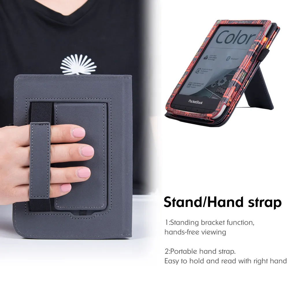 Estojo com Suporte para Pocketbook 606 616 627 628 632 633 Color Ereader Capa de Couro pu Premium com Alça de Mão e Auto Dormir Wake - Imagem 4