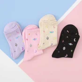 

Fashion woman funny planet moon space pattern woman cotton socks meia korean female style fun colorful girl long socks