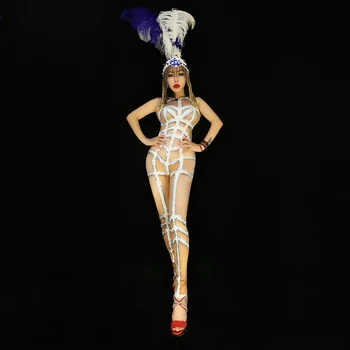 

Bar Nightclub Female Singer DJ Jumpsuit Sexy White Stripe Rhinestone Bodysuit Birthday Party Stage Performance Costume DL5118