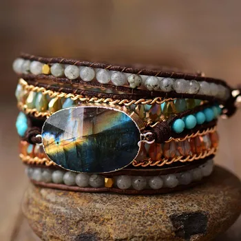 Sparkling 5 Strands Leather Wrap Bracelet Labradorite Rhinestone Stones Weaving Statement Bracelet Bohemian Jewelry Bijoux