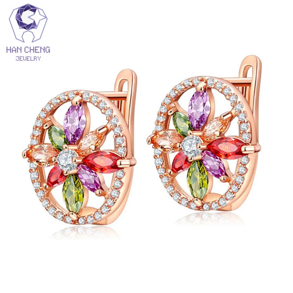 

HanCheng New Fashion Copper Golden Plated AAA Zircon Gem Stone Round Charm Flower Stud Earrings For Women Jewelry brincos bijoux