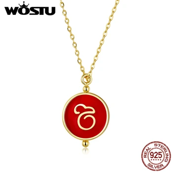 

WOSTU Genuine 925 Sterling Silver Rat Mouse Lucky Necklace Red Enamel Gold Color Chain Link For Women New Years Jewelry DXN390