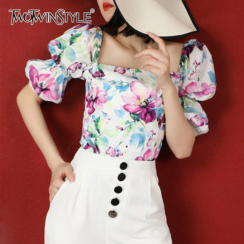 TWOTWINSTYLE Elegant Print Women Shirt Square Collar Lantern Short Sleeve Slim Hit Color Chiffon Blouses For Female Clothes Tide |