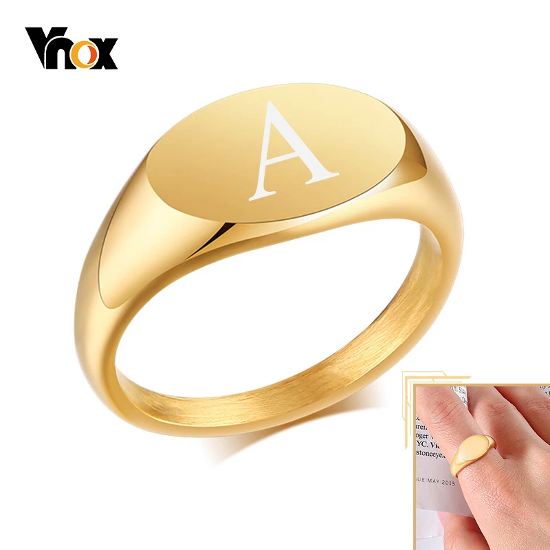 Vnox تخصيص Signet خاتم للنساء ، 9 مللي متر الأولي الذهب اللون الصلبة الفولاذ المقاوم للصدأ خاتم ختم ، الحد الأدنى اسم المعادن مجوهرات هدية