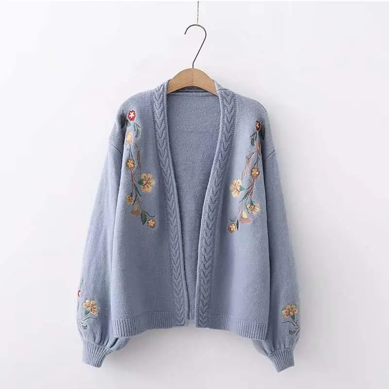 

2019 Women Sweater Casual Lantern Long Sleeve Knitted Cardigans Lantern Sleeve V Neck Loose Sweet Flowers Embroidery Sweater