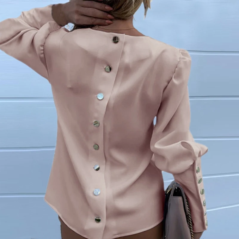 Блузка с пышными плечами, рубашки для офисных леди, новинка, осенние женские блузки с металлическими пуговицами, топы с длинным рукавом и принтом ананаса