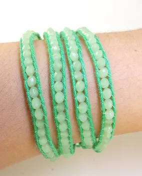 

Unique Pearls Jewellery Store Opal Green Crystal Faceted Wrap Bracelet Brange Line WrapWoven Button Handmade Jewelry