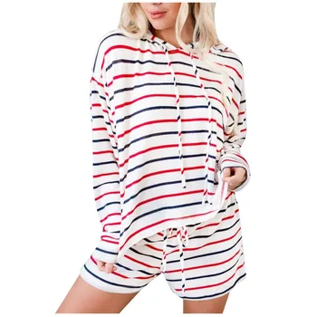

Women Tracksuit Stripe Hooded Long Sleeve Tops Shorts Sets Lounge Wear Suit Women Tracksuit Stripe Hooded Long Sleeve Tops Short
