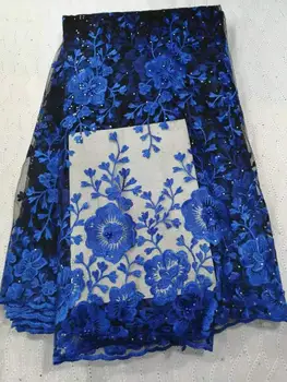 

Latest Royal Blue Tulle Lace Fabric High Quality Europe And American Fashion Fabric With Beads Stone French lace Fabrics YYZ890