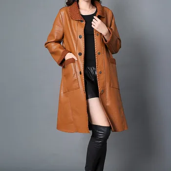 

Women's Autumn Winter Leather Jacket Elegant Medium Long Thicken Thin Casual Leather Female Coat Outwear #108
