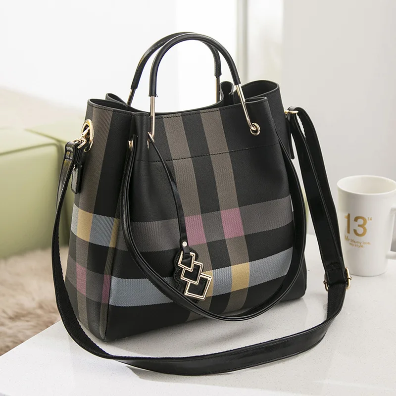black with black Решетки посылка новые универсальные прилив сумка-мешок из кожи пу однобортная плеча большие Ёмкость натуральная Портативный Диагональная Сумка - Цвет: black with black