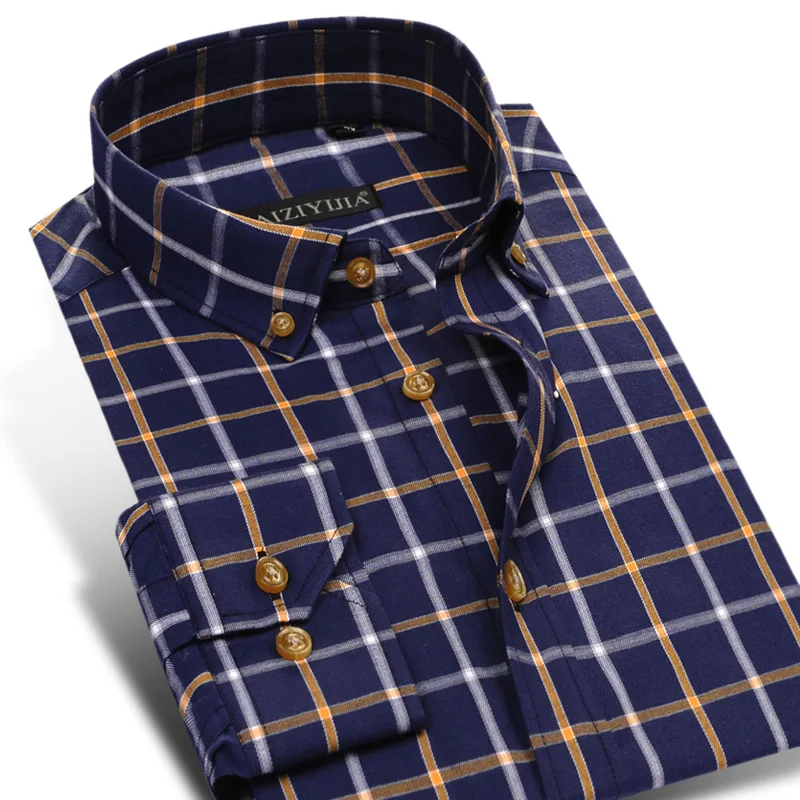 Men's Long Sleeve England Style Plaid Checkered Cotton Shirt Pocket-less Design Casual Button-down Standard-fit Gingham Shirts Men's Long Sleeve England Style Plaid Checkered Cotton Shirt Pocket-less Design Casual Button-down Standard-fit Gingham Shirts