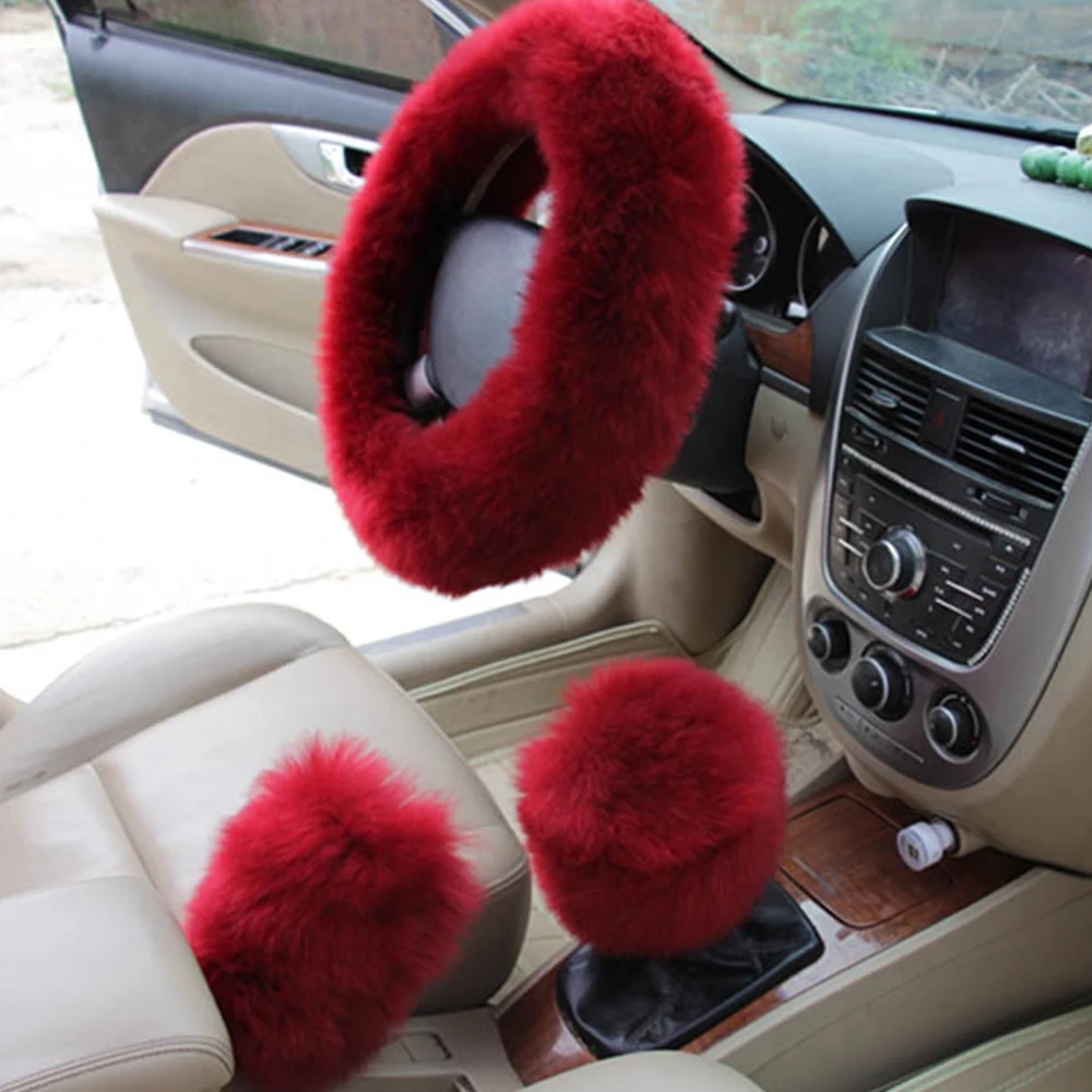

H2CNC Steering Wheel Cover HandBrake Change Lever Cover 15" Wine Red Fuzzy Plush