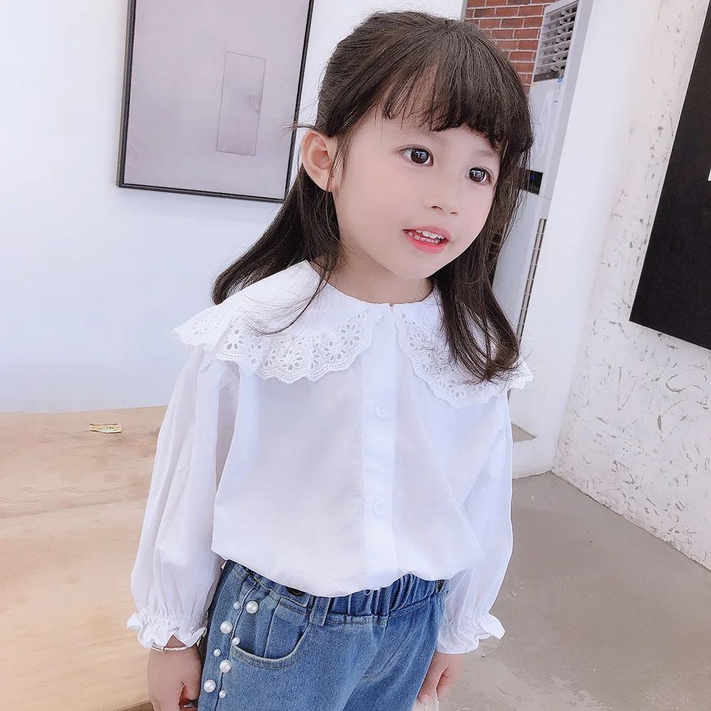 

WLG girls white blouses kids autumn peter pan collar long sleeve fashion shirts baby girl all match shirt