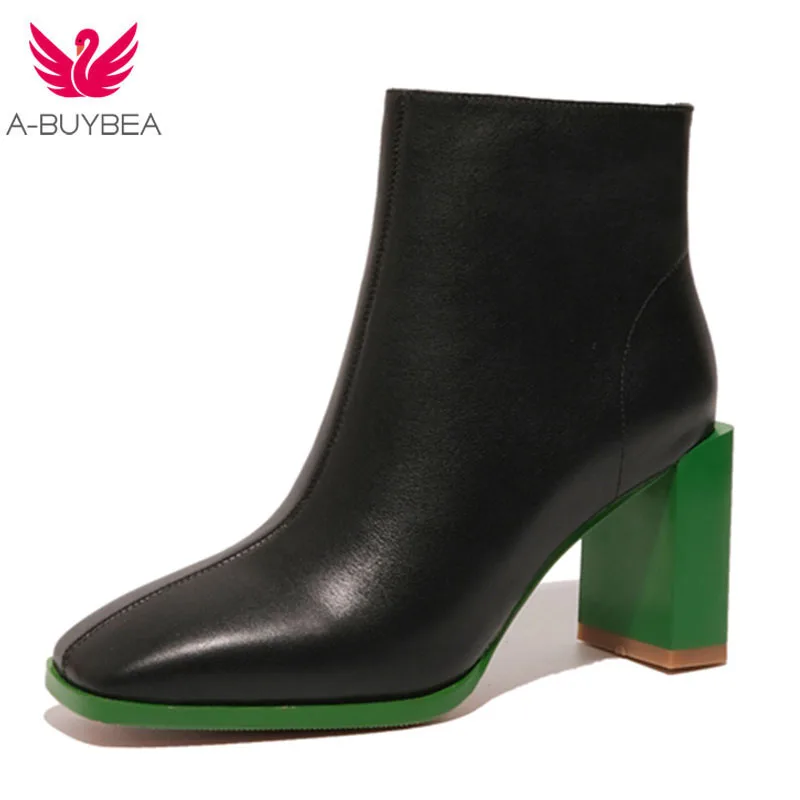 

Genuine Leather 7.5cm High Heels Ankle Boots for Women Zipper Square Toe Chelsea Boots Streetwear Dating 2020 New Autumn