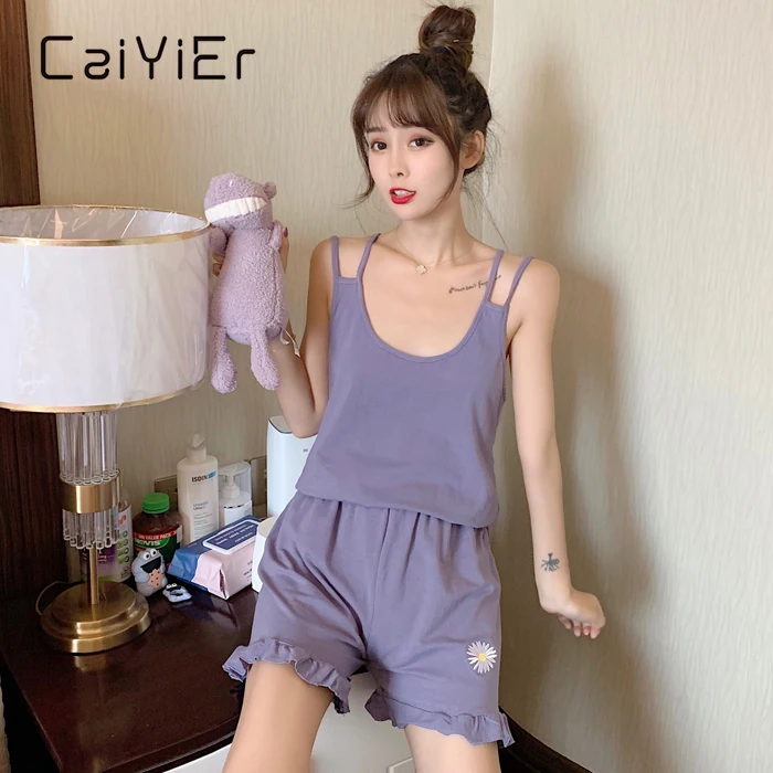

CAIYIER Summer Sexy 2 Pieces Pyjamas Set Women Condole Top+Loose Shorts Leisure Nightwear Plus Size 2XL 3XL Leisure Wear Pajamas
