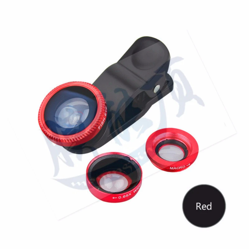 Универсальный 3 в 1 зажим рыбий глаз камера с широкоугольным объективом Широкоугольные Макро линзы мобильный телефон клип на объектив камеры комплект для iphone Xiomi - Цвет: red