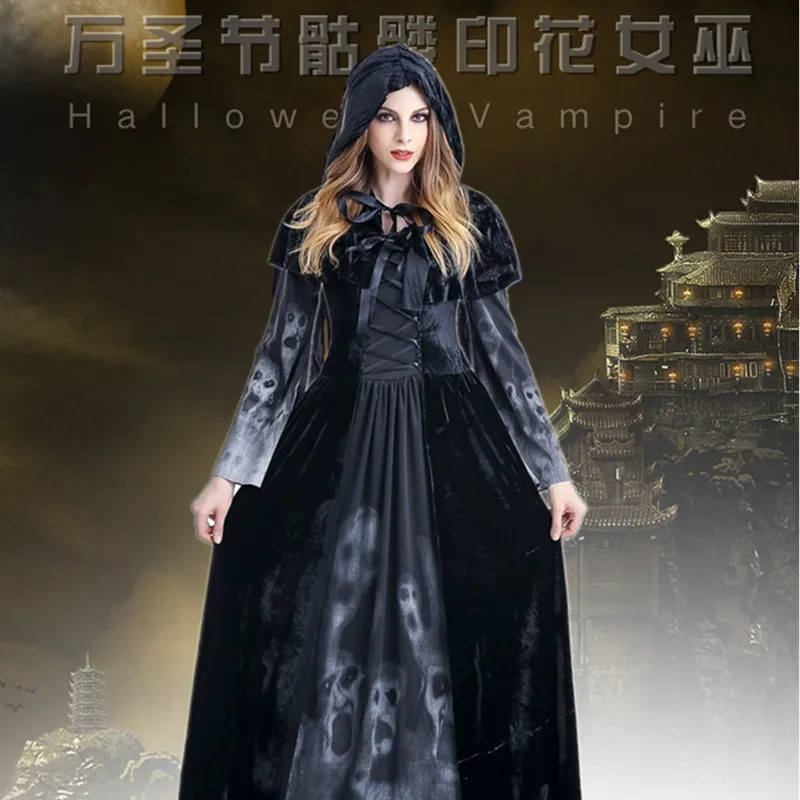 

Horrible Skeleton Vampire Costume Halloween Hooded Dress Witch Dress Ghost Demon Wicked Ball Devil Costume Women Scary Costume
