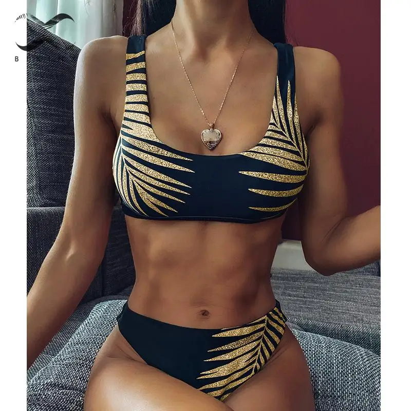 Vintage leave print bikini mujer Bandeau swimsuit female High cut bathing suit Sexy swimwear women Summer bathers biquini