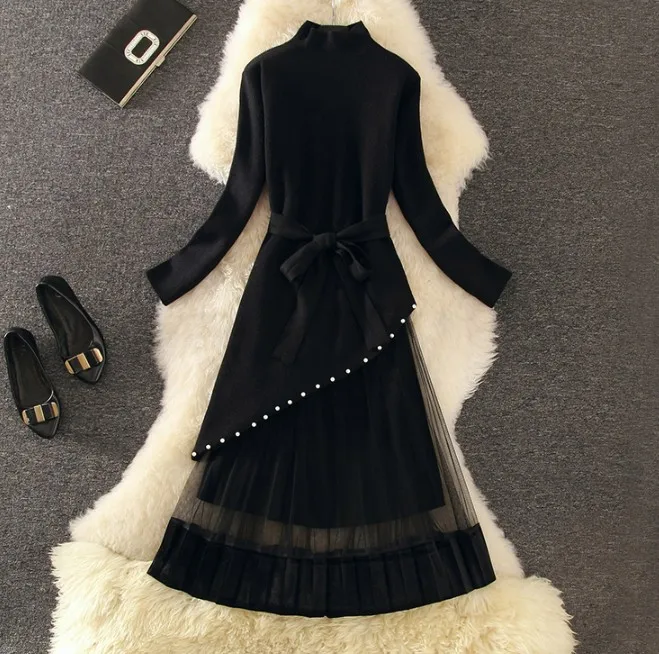 Черный Autumn Women's High Collar Beads Irregular Knit Sweater Dress+ Elastic Waist Pleated Mesh Skirt Two Piece Sweet Skirt Sets - Цвет: Черный