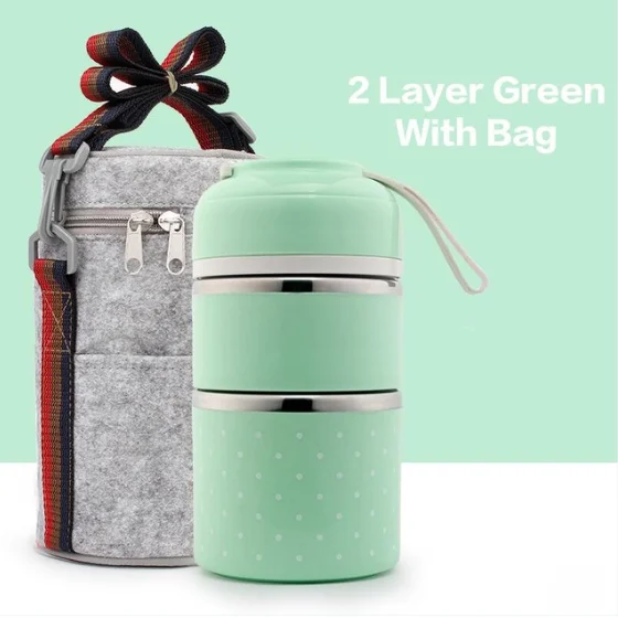 ERMAKOVA Ланч-бокс герметичный из нержавеющей стали Штабелируемый Ланч-бокс сумка и многоразовый набор столовых приборов изоляционный контейнер для хранения продуктов - Цвет: Green 2 With Bag