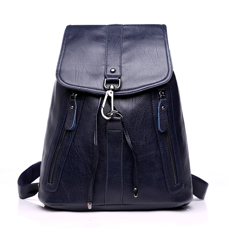 Женские кожаные рюкзаки, рюкзак для путешествий, Sac A Dos Femme, винтажный рюкзак для девочек, Mochilas, Большой Вместительный школьный рюкзак - Цвет: darkblue