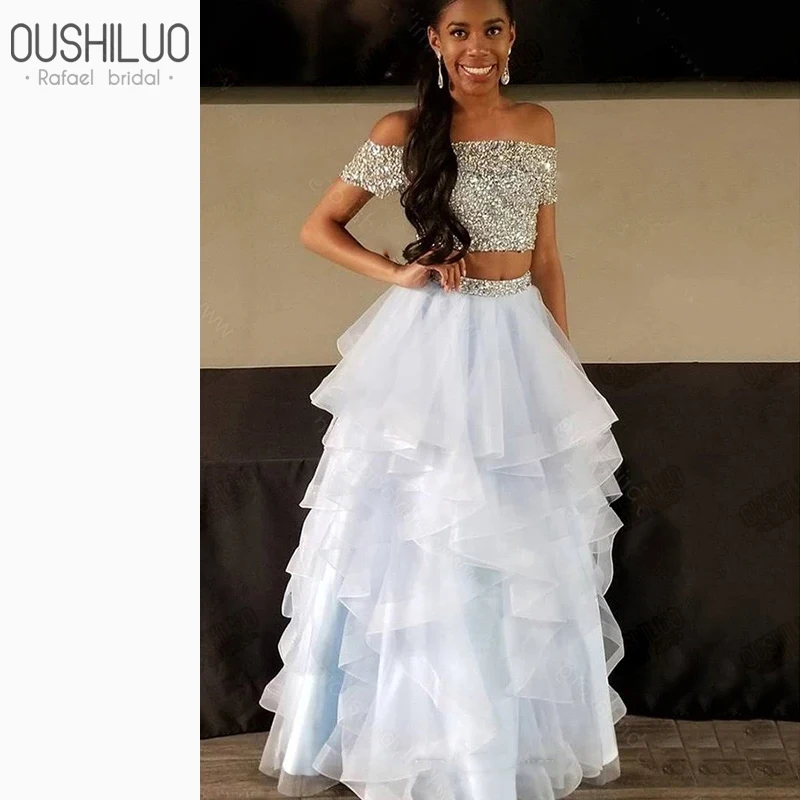 

Shiny Sequined Two Piece Prom Dresses Off The Shoulder Tiered Ruffles Beading Crop Top Organza Skirt Puffy A Line Party Gown