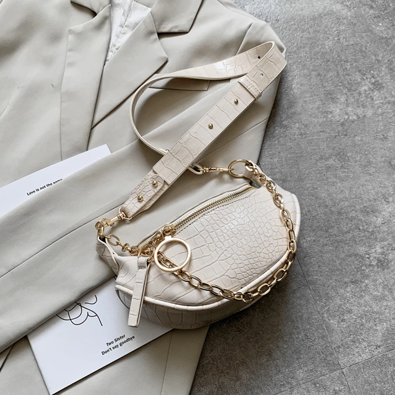 

Burminsa Crocodile Pattern Wide Strap Chest Bags For Women Chain Design Female Sling Bags High Quality PU Crossbody Bags 2020