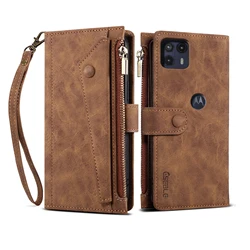 Luxurious Leather Wallet Flip Case with Zipper and Wrist Strap - Premium Edition for Motorola Moto Edge Series (Brown)