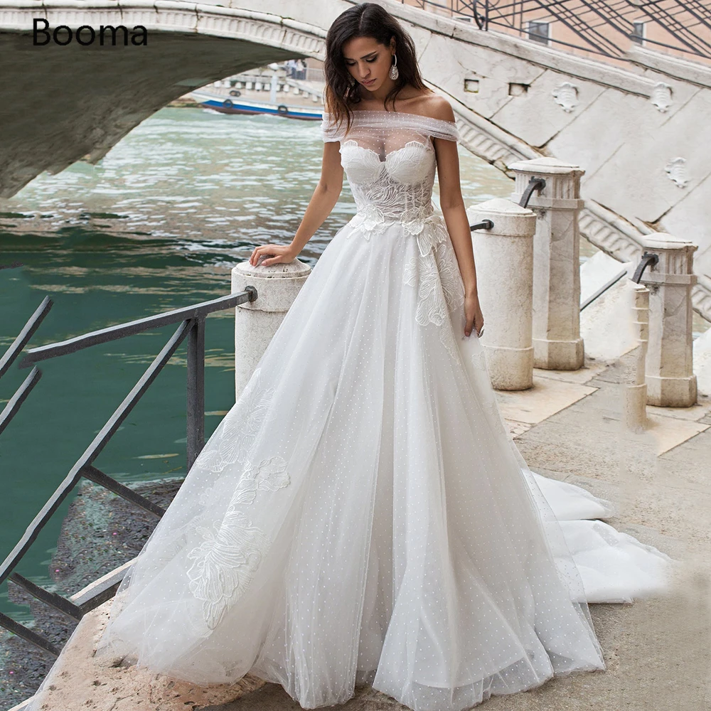 

Simple Dot Tulle Wedding Dresses 2020 Sweetheart Illusion Lace Bride Dresses Off the Shoulder Appliques Long Wedding Gowns