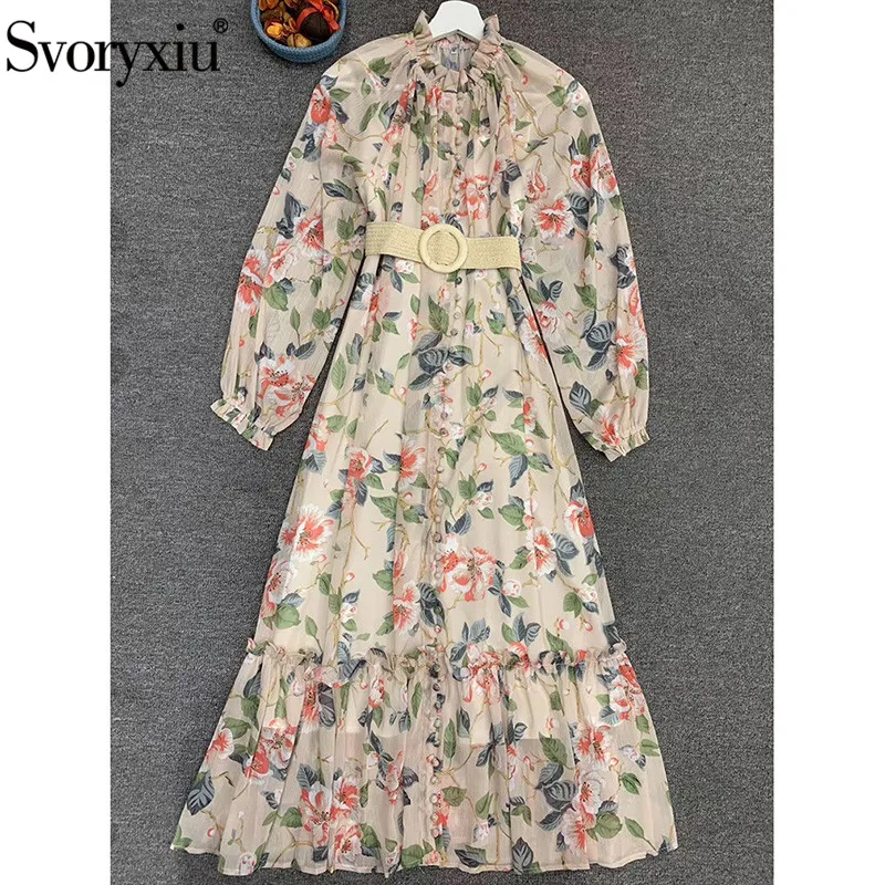 

Svoryxiu 2020 Runway Summe Long Dress Women's Elegant Stand Collar Lantern Sleeve Flower Print Vintage Party Dresses Vestdios