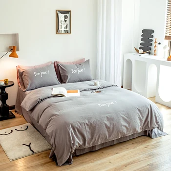 

luxury Flocked bedding set solid gray duvet cover bed sheets and pillowcases bed linen 100% washed cotton bed sheet set