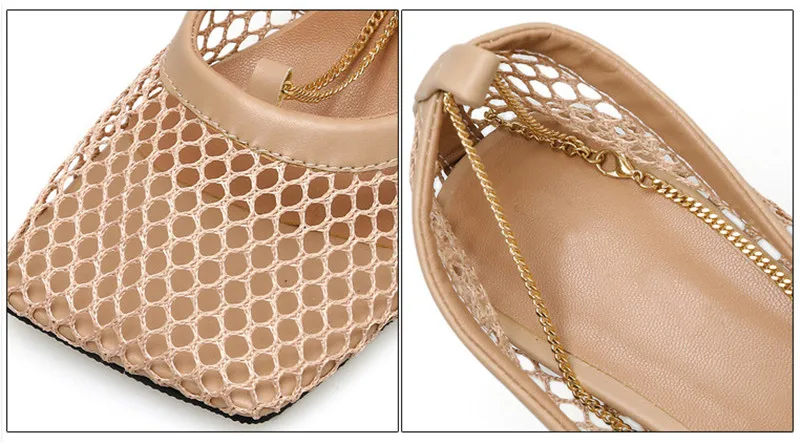 Summer New Mesh Hollow Women Pumps Square Toe Metal Chain Stiletto Heel Shoes Woman Sexy Slip On Ladies High Heels Shoes Sandals (1)