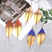 

New Fashion Gold Colorful Sequin Feather Earrings Long Chain Leaf Earring