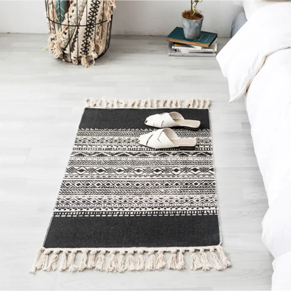 Morocco Cotton And Linen Tassel Woven Carpet Bedroom Floor Door Mat Area Rug For Living Room Tapete Para Sala Decoration Home