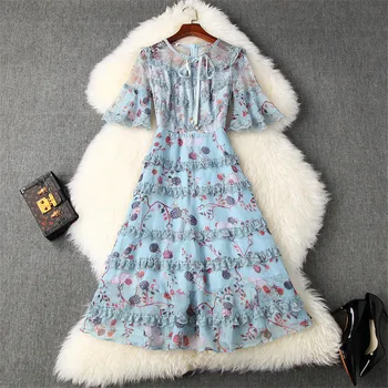 

Summer Dresses for Women 2020 Fashion New Runway Designers Flare Sleeve Lace Patchwork Print Ruffle Layered Chiffon Dress Party