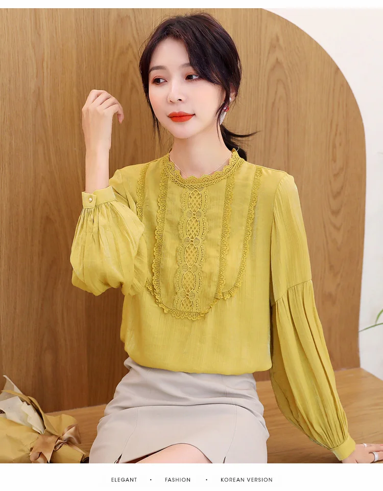 Женская блузка, blusas mujer de moda, длинный рукав, шифон, кружево, рукав-фонарик, chemisier femme nouvelle, коллекция 6959 50