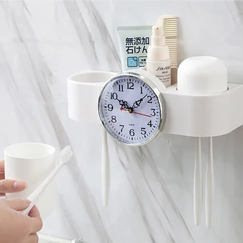 

Multifunctional Clock Toothbrush Holder Suction Toothbrush Rack Wall-mounted Nail-free Toothpaste Storage Bathroom Accessories