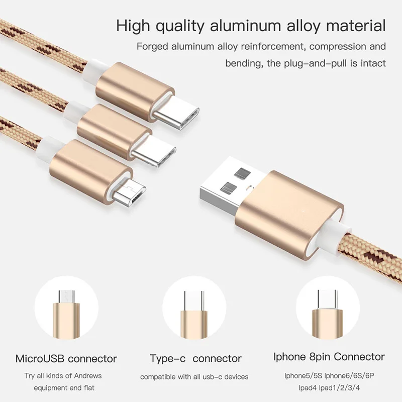 Нейлоновый плетеный 3 в 1 USB кабель type C Micro usb кабель для зарядки 8 Pin лента C type-C для iPhone samsung Xiaomi Redmi huawei Honor