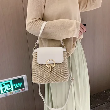

Casual Straw Women Shoulder Bags Rattan Handbags Wicker Woven Crossbody Bag Summer Beach Buckets Bag Ladies Travel Small Purses
