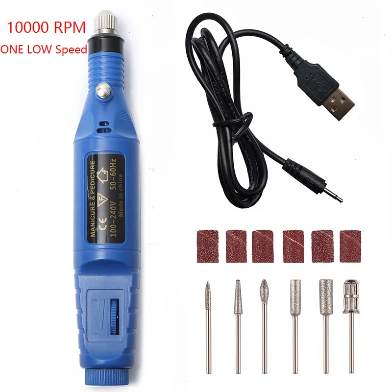 10000 One Speed blue 1 комплект, 5 В, USB, один низкоскоростной электрический сверлильный станок для ногтей, маникюрный станок, пилка для дизайна ногтей, инструмент для сверления ногтей, аппарат для педикюра - Цвет: 10000 One Speed blue