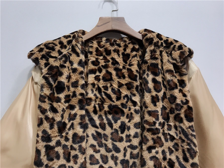 WHITNEY WANG Autumn Winter Fashion Streetwear Detachable Leopard Hooded Liner Patchwork Denim Trench Coat Women Jeans Coat