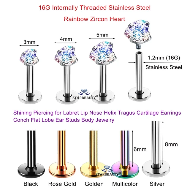 Orecchini Piercing In Acciaio Chirurgico 16G Con Zirconi - Per Tragus, Helix E Labbro - Foto 6