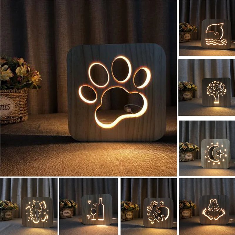 

Creative 3d Wooden LED Night Light USB Power Dog Paw Cat Etc Pattern Animal Table Lamp Adult Kids Gift Home Decoration