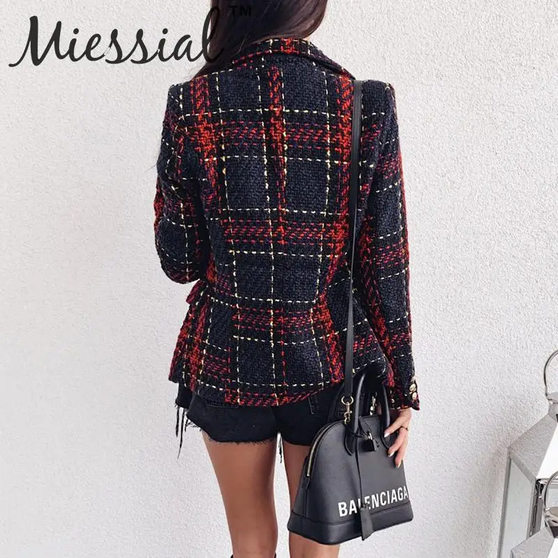 Miessial, твидовый клетчатый пиджак на пуговицах, Модный женский офисный Блейзер, женский элегантный красный пиджак с длинным рукавом, осенне-зимний теплый Женский блейзер