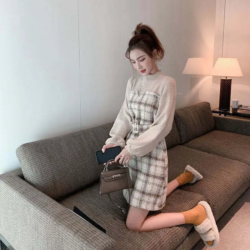 

QWEEK Knitted One-piece Sweater Dress Plaid Women Autumn Winter Knitwear Dresses for Women 2020 Elegant Long Sleeve Korean Dress