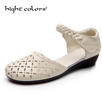 

Summer Mary Janes Genuine leather Shoes Ladies Sandals Women Comfortable Flats Women Round Toe Solid Casual Shoes Black Beige 43